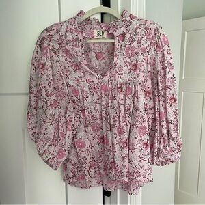 SLV Sur La Vague Classic Floral Puff Sleeve Pink Blouse